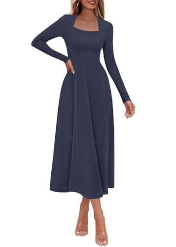 Lazysmile Long Sleeve Fall Dresses for Women Square Neck A Line Flowy Casual Elegant Wedding Guest Party Maxi Dress Navy - Image 1