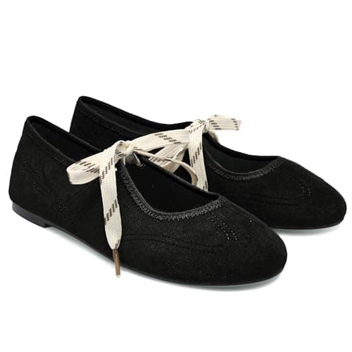 Yellhum Lace up Round Toe Ballet Flats for Women Cute Slip on Soft Mary Jane Flats Casual Ballerina Shoes Black - Image 1