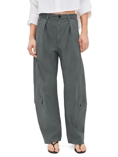 Aoysky Womens Wide Leg Barrel Pants Elastic High Waisted Casual 100% Cotton Utility Trousers with Pockets Loose Fit Grey - Image 1