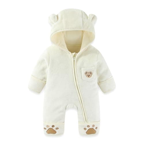 JiAmy Baby Snowsuit Fleece Bunting - Newborn Winter Bear Onesie Warm Hooded Romper with Foldover for Infant Boys Girls Lightweight White 6-9 Months - Image 1