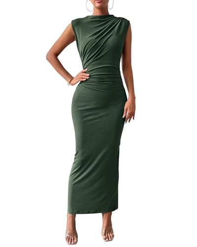 BTFBM Women's Ruched Bodycon Dress Summer Casual Sleeveless Lightweight Back Slit Elegant Club Party Cocktail Maxi Dresses(Army Green, Medium) - Image 1