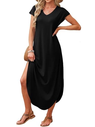 RUMIA Summer Casual Maxi Dresses for Women- Women's V Neck Cap Sleeve Long Sundress with Pockets Beach Vacation Black - Thumbnail 3