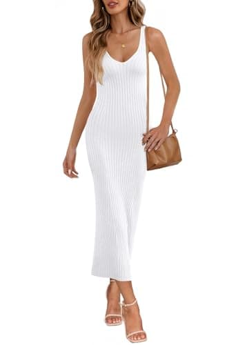MEROKEETY Womens 2025 Summer V Neck Knit Midi Dress Bodycon Casual Sleeveless Ribbed Party Sweater Dresses,White,S - Image 1