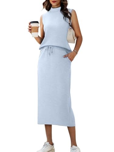 Casly Lamiit Womens 2 Piece Lounge Set Casual Airport Outfits Spring Sleeveless Maxi Skirt Travel Set with Pockets Going Out Lounge Wear Light Blue 2XL - Image 1
