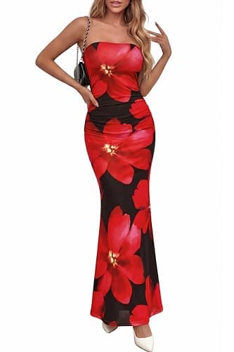 PRETTYGARDEN Womens Spring Dresses 2026 Sexy Strapless Tube Bodycon Mesh Ruched Floral Maxi Dress Wedding Club Outfits(Black Red Flower,XX-Large) - Image 1