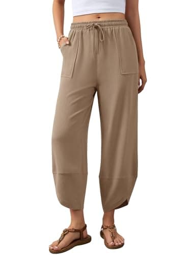 Jiflora Barrel Pants Women Harem Cotton Linen Pants Wide Leg Drawstring Elastic Waist Trousers with Pockets Beach Khaki M - Image 1