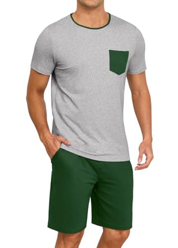 PrinStory Mens Summer Pajamas Set Lightweight Pjs Sets Short Sleeve Pajama Shorts Set Soft Sleepwear Loungewear with Pockets Light Gray D Green-M - Image 1