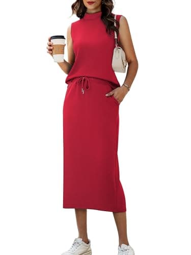 Casly Lamiit Two Piece Outfits for Women Summer Midi Skirt Set Casual Mock Neck Sleeveless Matching Sets Women Clothing Red L - Image 1