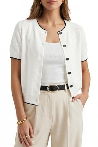 Arach&Cloz Womens 100% Cotton Short Sleeve Cardigan 2026 Business Casual Tops Contrast Trim Button Front Shrug Cropped Sweater Cute Trendy Spring Summer Lightweight Work Outfits White L - Image 1