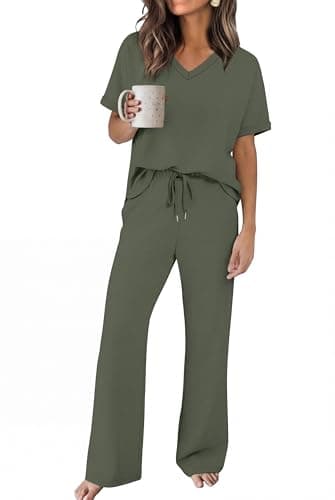 Sampeel Summer Sets for Women Fashion Beach Vacation Clothes V Neck Short Sleeve Wide Leg Pants Matching Sets Airport Travel Outfits Green XL - Image 1