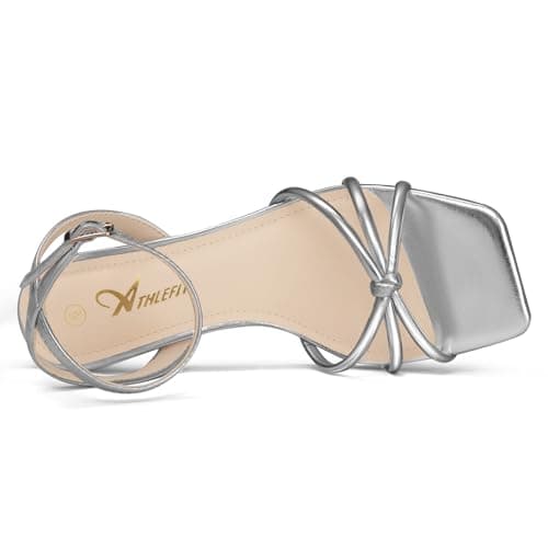 Athlefit Women's Kitten Heels Square Open Toe Strappy Low Heel Sandals Ankle Strap Party Dress Silver Heels for Prom Size 8.5 - Thumbnail 5