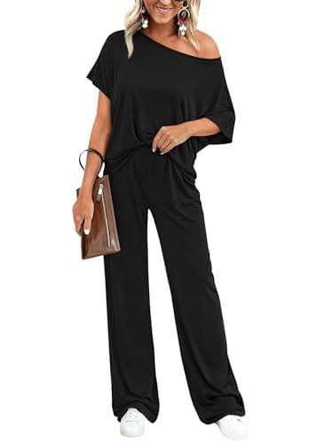 KIRUNDO Two Piece Sets for Women Lounge Airport Travel Vacation Outfits 2026 Summer Off Shoulder Tops Matching Wide Leg Pants(Black, Medium) - Image 1