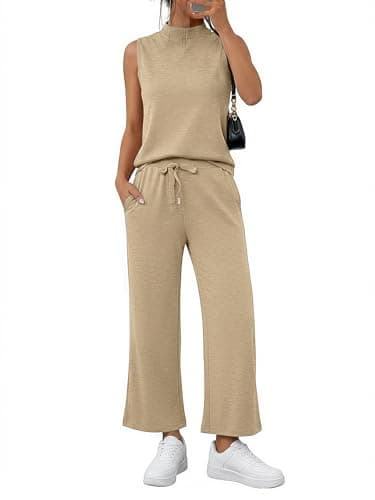 Casly Lamiit Womens Summer Outfits Mock Neck Sleeveless Top Wide Leg Cropped Pants Matching Set 2025 Fashion Clothing Airport Work Business Outfits Tracksuit Activewear Petite Khaki S - Image 1