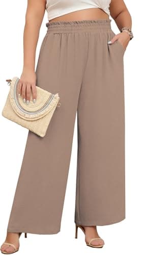 Lastshe Women's Plus Size Business Casual Pants High Waisted Fashion Lounge Dress Pants Straight Wide Leg Long Trousers with Pockets,Wheat,4X - Image 1