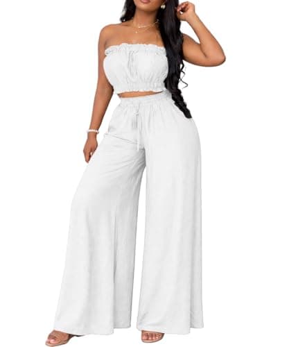 ABKY Two Piece Sets for Women Going Out Summer Off Shoulder Tube Top Palazzo Pants Set Vacation Birthday Party Date Night Outfits White XL - Image 1