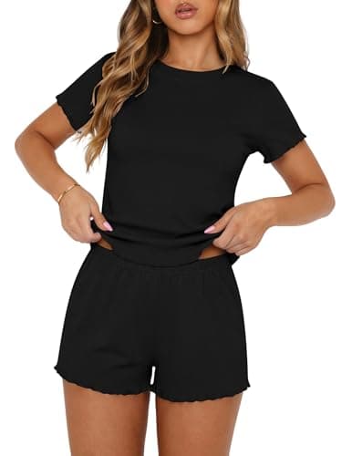 Ekouaer Cute Pajamas for Women Set 2 Piece Ribbed Pjs Short Sleeve Crop Top and Shorts Sleepwear Summer Soft Pajamas Set 2026 Y2K Lounge Sets Black Small - Image 1