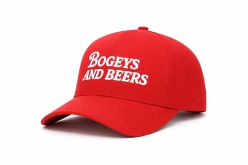 Bogeys and Beers Performance Golf Hat - Funny Golf Hat, Polyester/Spandex Blend, Adjustable Rope Snapback Cap - Breathable, Fitted for Men & Women - Red - Image 1