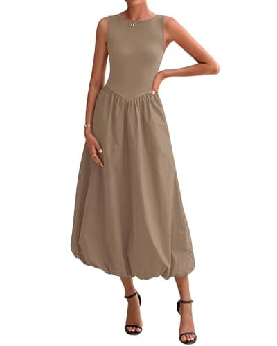 BTFBM Women's 2026 Summer Casual Sleeveless Midi Dress Patchwork Knit Tank Bubble Long Flowy Beach Maxi Sundress Pockets(Khaki, Medium) - Image 1