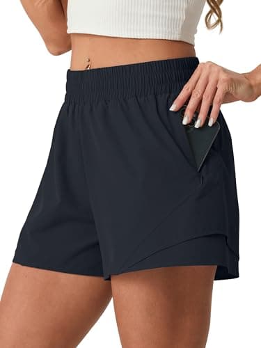 PrinStory Athletic Shorts for Women High Waisted 2 in 1 Running Quick Dry Gym Workout Shorts with Zipper Pockets Navy Blue-L - Image 1