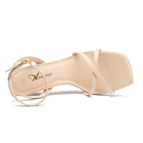 Athlefit Nude Kitten Heels for Women Strappy Square Open Toe Heeled Sandals Ankle Strap Summer Dressy High Heels for Prom Party Wedding Size 8 - Thumbnail 5