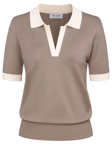 Kate Kasin Women Summer Color Block V Neck Knitted Polo Sweaters Tops Short Sleeve Shirt Casual Pullover Sweater Apricot XXL - Image 1