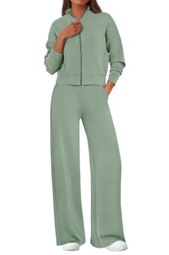 PRETTYGARDEN Women's 2 Piece Outfits Spring Sweatsuits Zip Up Sweatshirt Wide Leg Sweatpants Casual Tracksuit Lounge Sets(Sage Green,X-Large) - Image 1