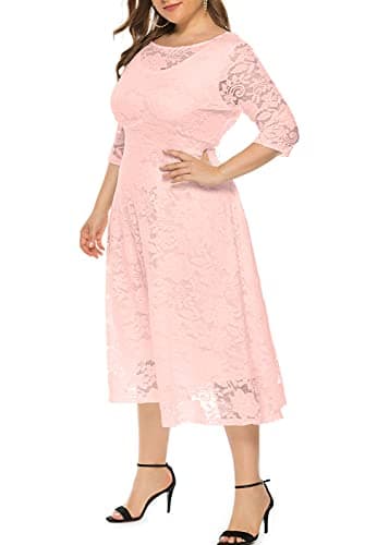 Eternatastic Womens Scooped Neckline Floral lace Top Plus Size Cocktail Party Midi Dress 6XL Pink - Thumbnail 2