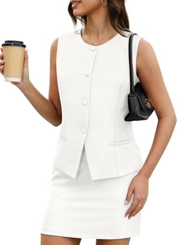 Casly Lamiit 2 Piece Blazer Sets for Women Summer Vest and Skirt White Suit Set Business Work Skorts Button Down Sleeveless Matching Clothing XL - Image 1