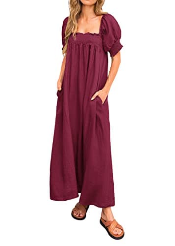 KIRUNDO Women 2026 Summer Maxi Dress Casual Loose Puff Sleeve Square Neck Maternity Flowy Long Beach Dresses with Pockets(Wine Red, Medium) - Image 1