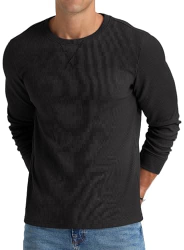 NITAGUT Mens Waffle Crewneck Shirts Slim Fit Long Sleeve Casual T-Shirt,Black, Large - Image 1