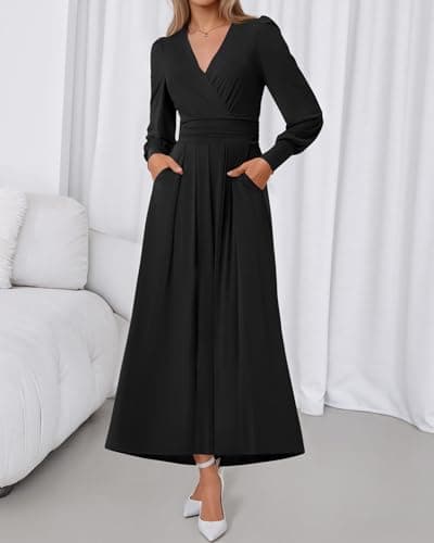 BTFBM Womens Long Sleeve Maxi Dress Fall 2025 Casual V Neck Knit A Line Flowy Pockets Elegant Party Wedding Guest Dresses(Black, Large) - Thumbnail 3