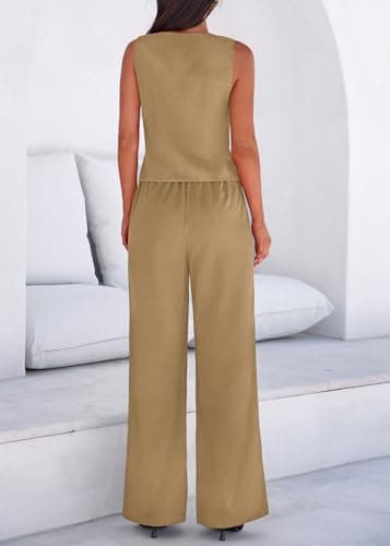 KIRUNDO Business Casual Outfits for Women Vest Tops Pant Suits Dressy 2 Piece Sets Summer Crop Blazer Wide Leg Work Pants(Khaki, Medium) - Thumbnail 5