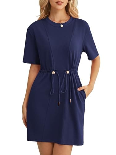 Kikibell Loose Dresses for Women Summer Crew Neck Sweatshirt Mini Dress with Pockets Short Sleeve Casual Outfits Navy Blue M - Image 1