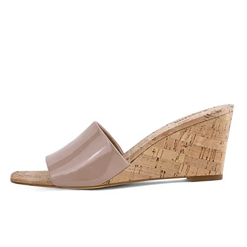 Easyfox Nude Wedge Sandals for Women Open Toe Wedge Heels Womens Heeled Sandals Square toe Wedge Mules Summer Dress Sandals Size 6 - Thumbnail 4