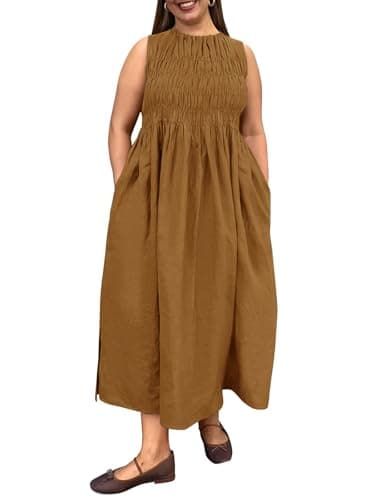 Beautife Women's Plus Size Maxi Dress Summer Casual Sleeveless Ruched Crewneck Sundresses with Pockets Brown - Image 1