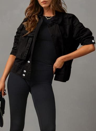 Dokotoo Spring Outfits for Women 2025 Button Up Cargo Trucker Jackets with Pockets Womens Fashion Women Clothing Cargo Denim Outwear Black Large - Thumbnail 3