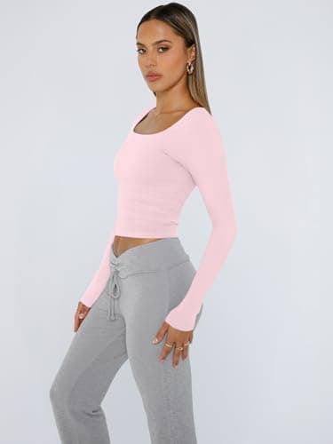 Trendy Queen Womens Long Sleeve Shirts Crop Scoop Neck Tops Fall Fashion Solid Going Out Basics Tees Y2k Clothes 2026 Pink 2XS - Thumbnail 3