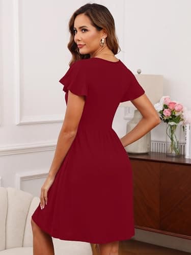 Heymoments Women Summer Dress Burgundy Large Ruffle Sleeve V Neck Casual Cute Loose Sundress Comfy Swing Button Down Midi Work Flowy Tunic Ladies Beach Vacation Teacher Dresses with Pockets - Thumbnail 5