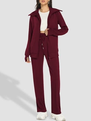 Casly Lamiit 2 Piece Lounge Sets for Women 2026 Casual Sweatsuit Travel Outfits Double Zipper Sweatshirt Long Sweatpants Athletic Track Suit Ancora Red S - Thumbnail 3