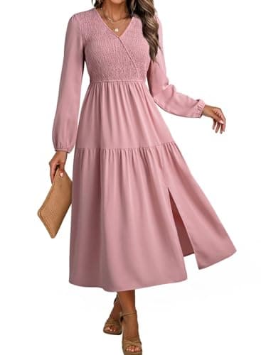 Dokotoo Pink Dress for Women Long Sleeve V Neck Smocked Empire Waist Ruffle Tiered Casual Split Maxi Dress Teacher Outfits for Women Pink Small - Image 1