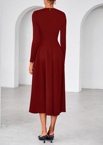 Lazysmile Long Sleeve Fall Dresses for Women Square Neck A Line Flowy Casual Elegant Wedding Guest Party Maxi Dress Wine Red - Thumbnail 2