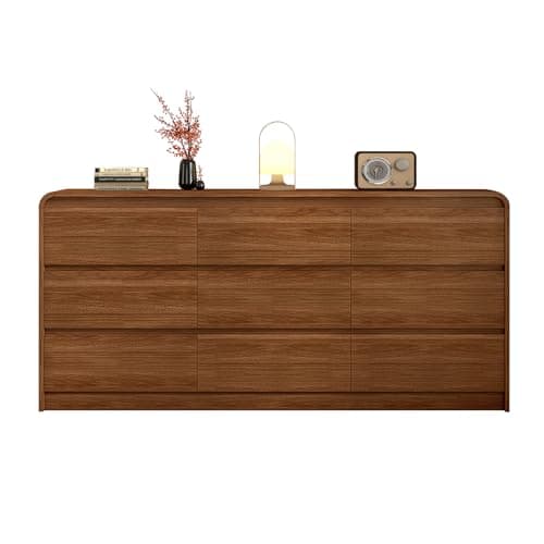 9 Drawer Dresser For Bedroom 63 Inch Wood Chest of Drawers - Curved Anti Collision, Mid Century Dresser For Closet with Natural Texture & Pre-Embedded Slots for TV Stand, Living Room, Nursery - Image 1