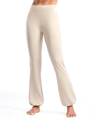 POSHDIVAH Women's Creamluxe Flare Cuffed Leggings Regular High Waisted Yoga Joggers Pants Lounge Athletic Sweatpants with Pockets Light Apricot X-Small - Image 1