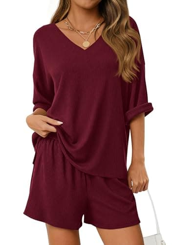 PRETTYGARDEN Womens 2 Piece Sets 2026 Oversized Vneck Half Sleeve Tops Shorts Lounge Set Casual Summer Travel Beach Outfits (Wine Red,XX-Large) - Image 1