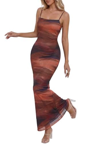 BTFBM Womens Maxi Dress 2026 Spring Floral Sexy Spaghetti Straps Sleeveless Bodycon Summer Beach Wedding Guest Dresses(Dark Red Print, Small) - Image 1