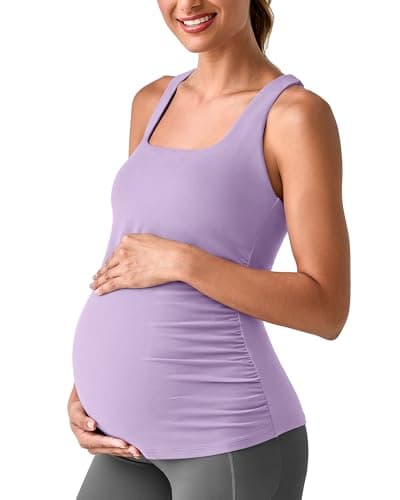 G4Free Maternity Tank Tops for Women with Removable Pads Slim Fit Workout Pregnancy Clothes Side Pleats Soft Casual Loungewear(Light Purple,S) - Image 1