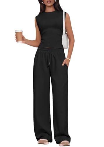 Lazysmile 2 Piece Sets for Women Summer Outfits Lounge Sets Sleeveless Tops Wide Legs Long Pants Tracksuits - Image 1