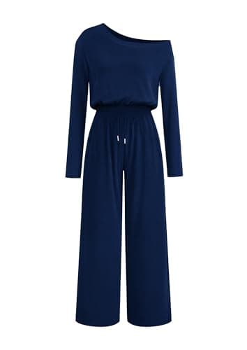 Lazysmile Jumpsuits For Women Dressy Long Sleeve Off Shoulder One Piece Wide Legs Rompers Casual Fall Outfits with Pockets - Image 1