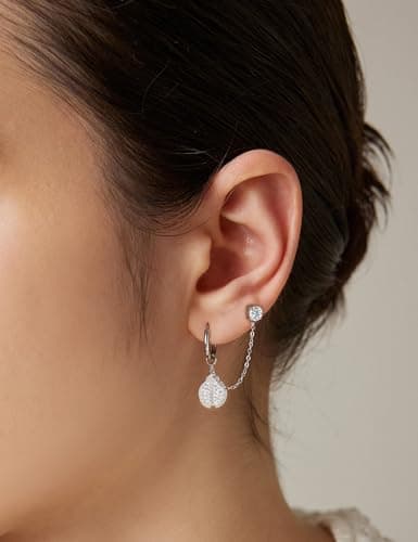 Chain Earrings for Women - Double Piercing Dangle Chain for Women, Detachable Huggie Hoop Earrings with Cubic Zirconia Studs & Ladybug Dangle Design, 316L Surgical Steel Hypoallergenic - Thumbnail 2