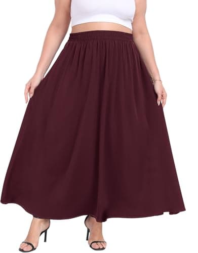Lastshe Plus Size Maxi Skirts for Women Casual Elastic High Waisted Hide Drawstring Flowy A-line Long Skirt with Pockets,Wine Red,2X - Thumbnail 2